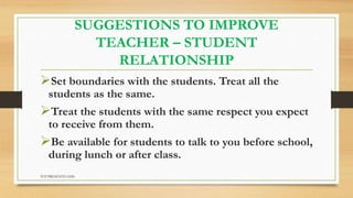 SUGGESTIONS TO IMPROVE
TEACHER – STUDENT
RELATIONSHIP
Set boundaries with the students. Treat all the
students as the same.
Treat the students with the same respect you expect
to receive from them.
Be available for students to talk to you before school,
during lunch or after class.
TCP PRESENTO-2020
 
