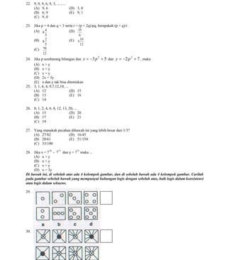 Copyright © 2010 www.schoolsexam.blogspot.com
All Rights Reserved
22. 9, 9, 9, 6, 9, 3, ... , ...
(A) 9, 6
(D) 3, 0
(B) 6, 9
(E) 9, 1
(C) 9, 0
23. Jika p = 4 dan q = 3 serta r = (p + 2q)/pq, berapakah (p + q)/r
(D) 35
(A) 8 4
5
2
(B) 8
5
70
(C)
12

(E)

6
10
5
12

24. Jika p sembarang bilangan dan x = −3 p + 5 dan y = −2 p + 7 , maka
(A) x > y
(B) x < y
(C) x = y
(D) 2x = 3y
(E) x dan y tak bisa ditentukan
25. 3, 1, 6, 4, 9,7,12,10, ...
(A) 12
(D) 15
(B) 13
(E) 16
(C) 14
2

2

26. 0, 1, 2, 4, 6, 8, 12, 13, 20, ...
(A) 15
(D) 20
(B) 17
(E) 21
(C) 19
27. Yang manakah pecahan dibawah ini yang lebih besar dari 1/3?
(A) 27/82
(D) 16/45
(B) 20/61
(E) 51/154
(C) 33/100
28. Jika x = 778 - 777 dan y = 777 maka ...
(A) x > y
(B) x < y
(C) x = y
(D) x = 3y
Di bawah ini, di sebelah atas ada 4 kelompok gambar, dan di sebelah bawah ada 4 kelompok gambar. Carilah
pada gambar sebelah bawah yang mempunyai hubungan logis dengan sebelah atas, baik logis dalam konsistensi
atau logis dalam sekuens.
29.

30.

Copyright © 2010 www.schoolsexam.blogspot.com
All Rights Reserved

 