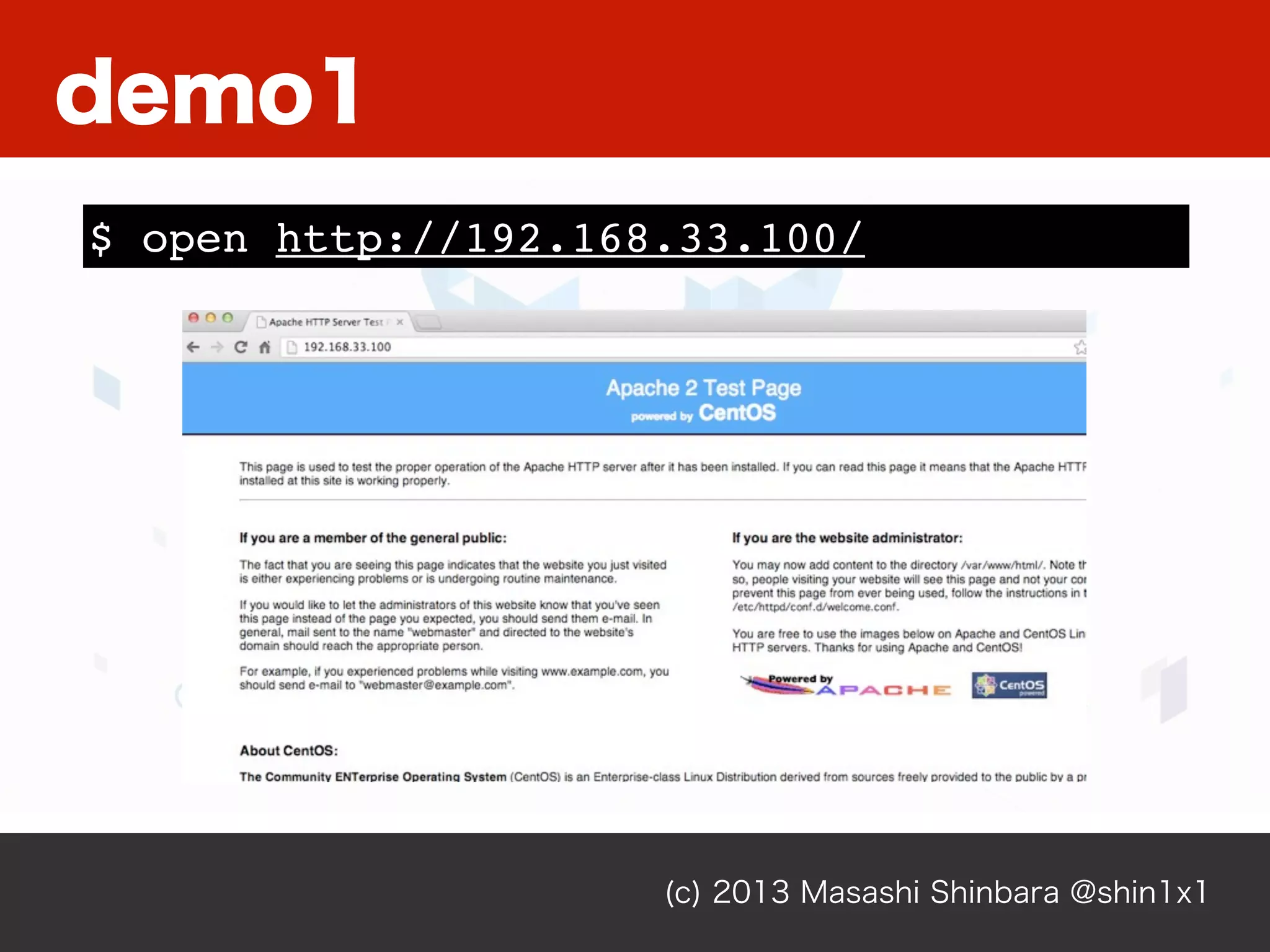 (c) 2013 Masashi Shinbara @shin1x1
$ open http://192.168.33.100/
demo1
 