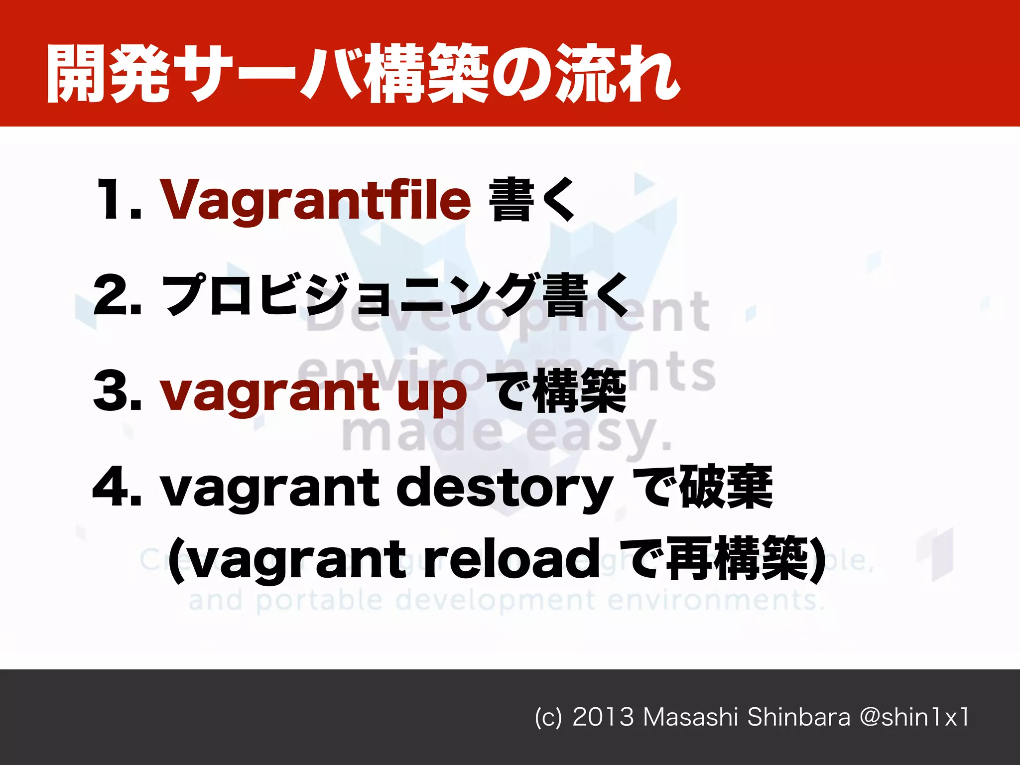 開発サーバ構築の流れ
(c) 2013 Masashi Shinbara @shin1x1
1. Vagrantﬁle 書く
2. プロビジョニング書く
3. vagrant up で構築
4. vagrant destory で破棄
(vagrant reload で再構築)
 