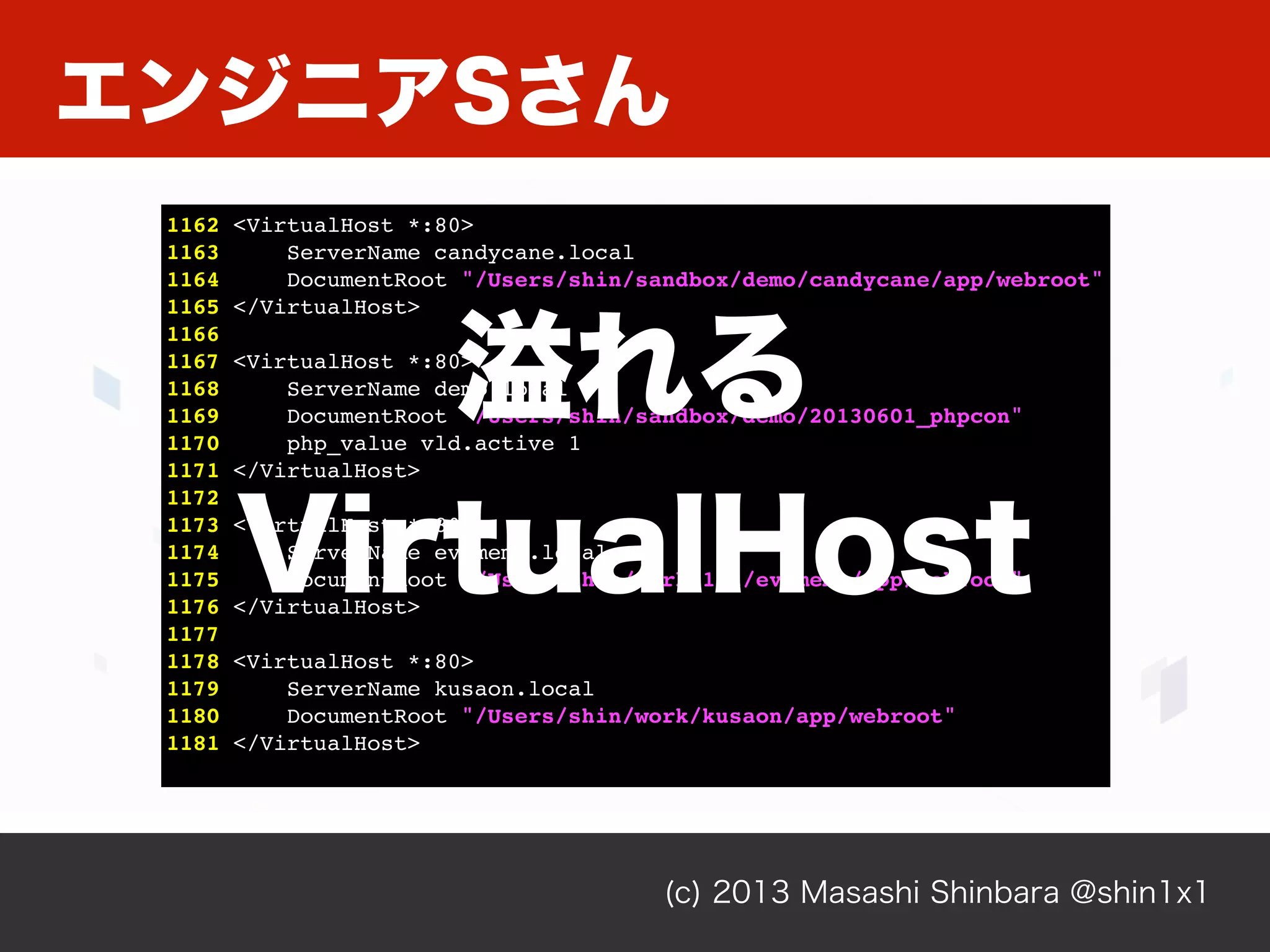 エンジニアSさん
(c) 2013 Masashi Shinbara @shin1x1
1162 <VirtualHost *:80>
1163 ServerName candycane.local
1164 DocumentRoot "/Users/shin/sandbox/demo/candycane/app/webroot"
1165 </VirtualHost>
1166
1167 <VirtualHost *:80>
1168 ServerName demo.local
1169 DocumentRoot "/Users/shin/sandbox/demo/20130601_phpcon"
1170 php_value vld.active 1
1171 </VirtualHost>
1172
1173 <VirtualHost *:80>
1174 ServerName project1.local
1175 DocumentRoot "/Users/shin/project1/app/webroot"
1176 </VirtualHost>
1177
1178 <VirtualHost *:80>
1179 ServerName project2.local
1180 DocumentRoot "/Users/shin/project2/app/webroot"
1181 </VirtualHost>
溢れる
VirtualHost
 