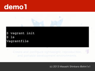 demo1
(c) 2013 Masashi Shinbara @shin1x1
$ vagrant init
$ ls
Vagrantfile
 