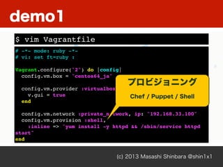 (c) 2013 Masashi Shinbara @shin1x1
# -*- mode: ruby -*-
# vi: set ft=ruby :
Vagrant.configure("2") do |config|
config.vm.box = "centos64_ja"
config.vm.provider :virtualbox do |v|
v.gui = true
end
config.vm.network :private_network, ip: "192.168.33.100"
config.vm.provision :shell,
:inline => "yum install -y httpd && /sbin/service httpd
start"
end
$ vim Vagrantfile
demo1
プロビジョニング
Chef / Puppet / Shell
 