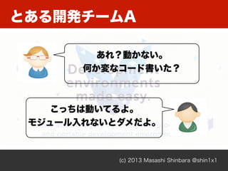 とある開発チームA
(c) 2013 Masashi Shinbara @shin1x1
あれ？動かない。
何か変なコード書いた？
こっちは動いてるよ。
モジュール入れないとダメだよ。
 