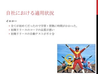 自社における適用状況
イエロー

• 全てが初めてだったので学習・習熟に時間がかかった。
• 初期リリースのコードの品質が悪い
• 初期リリースの自動テストが不十分

 