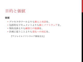 目的と価値
価値

•
•
•
•

プロセスやツールよりも個人と対話を、
包括的なドキュメントよりも動くソフトウェアを、
契約交渉よりも顧客との協調を、
計画に従うことよりも変化への対応を、
『アジャイルソフトウエア開発宣言』

 