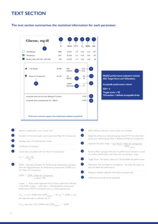 7
TEXT SECTION
1 Report is presented in your chosen unit.
2 Number of returned results used to generate Mean for Comparison.
3 Average value of all laboratories’ results.
4 Coefficient of Variation.
5 Uncertainty associated with the Mean for Comparison.
Um
= 1.25 x SD
√ n
7 After statistical reduction, some results are excluded.
8 Ideally this will be your instrument group mean. If N5 for instrument
group, your method group Mean is selected as Mean for Comparison.
9 Standard Deviation Index = Your Result - Mean for Comparison
SDPA adjusted
10 Running Mean average of the last 10 performance indicators is used
to monitor performance over time and concentration range.
11 Target Score -The closer a value is to 120, the better the performance.
%Deviation from the Mean for Comparison - the closer the value is to
zero, the better the performance.
12
Biological Variation stated for information purposes only.13
Performance limit set for this parameter.14
6 SDPA = Standard Deviation for Performance Assessment, calculated
from theTarget Deviation for Performance Assessment (TDPA) and
the Mean for Comparison.
SDPA = TDPA x Mean for Comparison
t-value x 100
t-value = factor which represents the % of poor performers reflected
in theTDPA (t-value ~ 1.645 when ~10% laboratories achieve poor
performance) SDPA is combined with Um
, where appropriate.
If Um
 ( 0.3 x SDPA) then SDPAadjusted
= √ ( Um
2
+ SDPA2
) and
the reported value is suffixed with a
If Um
is less than ( 0.3 x SDPA) then SDPAadjusted
= SDPA
RIQAS performance indicators include
SDI,Target Score and %Deviation.
Acceptable performance criteria:
SDI  2
Target score  50
%Deviation  defined acceptable limits
Performance statement appears here if performance indicators exceed limits
765432
8
10
10
10
11
9
12
13
14
1
The text section summarises the statistical information for each parameter.
 
