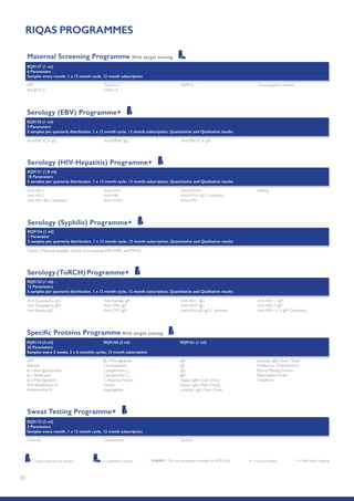 33
RIQAS PROGRAMMES
Serology (EBV) Programme+
RQ9153 (1 ml)
3 Parameters
3 samples per quarterly distribution, 1 x 12 month cycle, 12 month subscription, Quantitative and Qualitative results
Anti-EBVVCA IgG Anti-EBNA IgG			 Anti-EBVVCA IgM
Serology (HIV-Hepatitis) Programme+
RQ9151 (1.8 ml)
10 Parameters
5 samples per quarterly distribution, 1 x 12 month cycle, 12 month subscription, Quantitative and Qualitative results
Anti-HIV-1
Anti-HIV-2
Anti-HIV-12 Combined
Anti-HCV
Anti-HBc
Anti-HTLV-I
Anti-HTLV-II
Anti-HTLV-12 Combined
Anti-CMV
HBsAg
Serology (Syphilis) Programme+
RQ9154 (1 ml)
1 Parameter
3 samples per quarterly distribution, 1 x 12 month cycle, 12 month subscription, Quantitative and Qualitative results
Syphilis (Methods available include immunoassay RPR,VDRL andTPHA)
Serology (ToRCH) Programme+
RQ9152 (1 ml)
12 Parameters
5 samples per quarterly distribution, 1 x 12 month cycle, 12 month subscription, Quantitative and Qualitative results
Anti-Toxoplasma IgG
Anti-Toxoplasma IgM
Anti-Rubella IgG
Anti-Rubella IgM
Anti-CMV IgG
Anti-CMV IgM
Anti-HSV1 IgG
Anti-HSV2 IgG
Anti-HSV-12 IgG Combined
Anti-HSV 1 1gM
Anti-HSV 2 IgM
Anti-HSV I + 2 IgM Combined
AFP
Albumin
α-1-Acid glycoprotein
α-1-Antitrypsin
α-2-Macroglobulin
Anti Streptolysin O
Antithrombin III
β-2-Microglobulin
Ceruloplasmin
Complement C3
Complement C4
C-Reactive Protein
Ferritin
Haptoglobin
IgA
IgE
IgG
IgM
Kappa Light Chain (Free)
Kappa Light Chain (Total)
Lambda Light Chain (Free)
Lambda Light Chain (Total)
Prealbumin (Transthyretin)
Retinol Binding Protein
Rheumatoid Factor
Transferrin
Specific Proteins Programme With target scoring
RQ9114 (3 ml) RQ9160 (2 ml)		 RQ9161 (1 ml)
26 Parameters
Samples every 2 weeks, 2 x 6 monthly cycles, 12 month subscription
Chloride Conductivity Sodium
Sweat Testing Programme+
RQ9173 (2 ml)
3 Parameters
Samples every month, 1 x 12 month cycle, 12 month subscription
AFP
free β-hCG
Total hCG
Inhibin A
PAPP-A Unconjugated Oestriol
Maternal Screening Programme With target scoring
RQ9137 (1 ml)
6 Parameters
Samples every month, 1 x 12 month cycle, 12 month subscription
* = Pilot study ongoing+ = Not accreditedPURPLE =The only parameters available on RQ9135/a= Liquid ready-to-use samples = Lyophilised samples
 