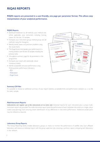 3
RIQAS REPORTS
RIQAS reports are presented in a user-friendly, one page per parameter format. This allows easy
interpretation of your analytical performance.
Summary CSV files
It is possible to receive an additional summary of your report statistics, acceptable limits and performance indicators as a .csv file
for every sample.
Multi-Instrument Reports
Laboratories can register up to five instruments at no extra cost. Individual reports for each instrument plus a unique multi-
instrument report are provided.The multi-instrument report plots the performance of each individual instrument on a single, colour
coded Levey-Jennings chart, ensuring instant identification of any differences in instrument performance. Additional sample packs
may be ordered as required.
RIQAS Reports
• Statistical breakdown by all methods, your method and,
where applicable, your instrument, including running
means for the last 10 samples.
• Compare your instrument group, method group and all
methods using the histogram.
• Identify trends, biases and precision problems using
the visual charts.
• TheTarget Score chart grades your performance in a
moving window over the last 20 samples, including the
previous cycle.
• At-a-glance summary page for all parameters in the
programme.
• Compare your result with statistically robust
consensus means.
• Identify acceptable and poor performance using
fit-for-purpose performance indicators: 	
- SD1
- %Deviation
-Target Score
Laboratory Group Reports
The Group Reporting facility enables laboratory groups or chains to monitor the performance of satellite sites. Each affiliated
laboratory will receive an individual report with the group supervisor also receiving a summary report comparing each laboratory
in the network.
 