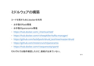 ミドルウェアの構築
コードを残すためにdockerを利用
それぞれでは動作確認したけど、接続が出来ていない。
お手製のflask環境
お手製のpanoramix環境
https://hub.docker.com/_/memcached/
https://hub.docker.com/r/sheepkiller/kafka-manager/
https://github.com/laclefyoshi/druid_test/tree/master/druid
https://github.com/mistercrunch/panoramix
https://hub.docker.com/r/sequenceiq/spark/
·
·
·
·
·
·
·
9/11
 