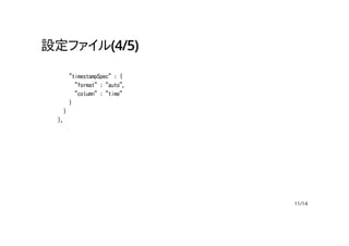 設定ファイル(4/5)
"timestampSpec" : {
"format" : "auto",
"column" : "time"
}
}
},
11/14
 