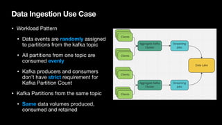 Data Ingestion Use Case
• Workload Pattern
• Data events are randomly assigned
to partitions from the kafka topic
• All partitions from one topic are
consumed evenly
• Kafka producers and consumers
don’t have strict requirement for
Kafka Partition Count
• Kafka Partitions from the same topic
• Same data volumes produced,
consumed and retained
 