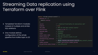 20/03/2024
Streaming Data replication using
Terraform over Flink
● Templated Terraform modules
instead of multiple and similar
SQL artefacts
● One module defines
configuration of the whole
pipeline from Kafka topic to S3
20/03/2024
Kafka Summit 2024 12
 