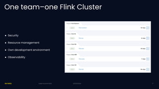 20/03/2024
One team–one Flink Cluster
● Security
● Resource management
● Own development environment
● Observability
20/03/2024
Kafka Summit 2024 13
 