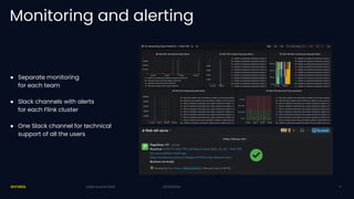 20/03/2024
Monitoring and alerting
● Separate monitoring
for each team
● Slack channels with alerts
for each Flink cluster
● One Slack channel for technical
support of all the users
20/03/2024
Kafka Summit 2024 14
 