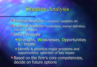 Situation Analysis Internal Analysis— company; capability etc. External Analysis— customers, market definition, industry structure SWOT Analysis S trengths,  W eaknesses,  O pportunities &  T hreats Identify & prioritize major problems and opportunities: selection of key issues Based on the firm’s core competencies, decide on future options 