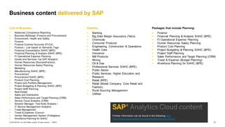17
PUBLIC
© 2019 SAP SE or an SAP affiliate company. All rights reserved. ǀ
Line of Business
 Advanced Compliance Reporting
 Business ByDesign (Finance and Procurement)
 Environment, Health and Safety
 Finance
 Finance Contract Accounts (FI-CA)
 Finance – Live based on Semantic Tags
 Financial Consolidation S/4HC (BPE)
 Financial Planning & Analysis S/4HC (BPE)
 FI Operational Expense Planning
 Goods and Services Tax GST Analytics
 Human Resources (SuccessFactors)
 Human Resources Salary Planning
 Marketing
 Manufacturing S/4HC (BPE)
 Procurement
 Procurement S/4HC (BPE)
 Product Cost Planning
 Project and Portfolio Management
 Project Budgeting & Planning S/4HC (BPE)
 Project Staff Planning
 Real Estate
 Sales and Distribution
 Sales Performance and Target Planning (CRM)
 Service Cloud Analytics (CRM)
 Solution Manager: Test Suite Analysis /
IT Service Management Analytics
 Trade Management
 Travel & Expense (Concur)
 Vendor Management System (Fieldglass)
 Workforce Planning for S/4HC
Business content delivered by SAP
Further information can be found in the following blog
Industry
 Banking
 Big Data Margin Assurance (Telco)
 Chemicals
 Consumer Products
 Engineering, Construction & Operations
 Health Care
 Insurance
 Mill Products
 Mining
 Oil & Gas
 Professional Services S/4HC (BPE)
 Public Sector
 Public Services: Higher Education and
Research
 Retail (BPE)
 Retail (Model Company: Core Retail and
Fashion)
 Rural Sourcing Management
 Utilities
Packages that include Planning:
 Finance
 Financial Planning & Analysis S/4HC (BPE)
 FI Operational Expense Planning
 Human Resources Salary Planning
 Product Cost Planning
 Project Budgeting & Planning S/4HC (BPE)
 Project Staff Planning
 Sales Performance and Target Planning (CRM)
 Travel & Expense (Budget Planning)
 Workforce Planning for S/4HC (BPE)
https://www.sapanalytics.cloud/learning/business-content/
 
