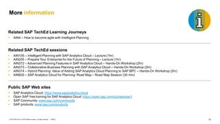 23
PUBLIC
© 2019 SAP SE or an SAP affiliate company. All rights reserved. ǀ
More information
Related SAP TechEd Learning Journeys
 AIN4 – How to become agile with Intelligent Planning
Related SAP TechEd sessions
 AIN105 – Intelligent Planning with SAP Analytics Cloud – Lecture (1hr)
 AIN205 – Prepare Your Enterprise for the Future of Planning – Lecture (1hr)
 AIN372 – Advanced Planning Features in SAP Analytics Cloud – Hands-On Workshop (2hr)
 AIN373 – Collaborative Business Planning with SAP Analytics Cloud – Hands-On Workshop (2hr)
 AIN374 – Hybrid Planning: Value of Adding SAP Analytics Cloud Planning to SAP BPC – Hands-On Workshop (2hr)
 AIN830 – SAP Analytics Cloud for Planning: Road Map – Road Map Session (30 min)
Public SAP Web sites
 SAP Analytics Cloud: https://www.sapanalytics.cloud
 Open SAP free training for SAP Analytics Cloud: https://open.sap.com/courses/sac1
 SAP Community: www.sap.com/community
 SAP products: www.sap.com/products
 