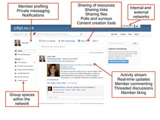 Member profiling   Sharing of resources
                           Sharing links            Internal and
   Private messaging                                   external
      Notifications        Sharing files
                        Polls and surveys             networks
                       Content creation tools




                                               Activity stream
                                             Real-time updates
                                            Member commenting
                                            Threaded discussions
                                               Member liking
Group spaces
 within the
  network
 