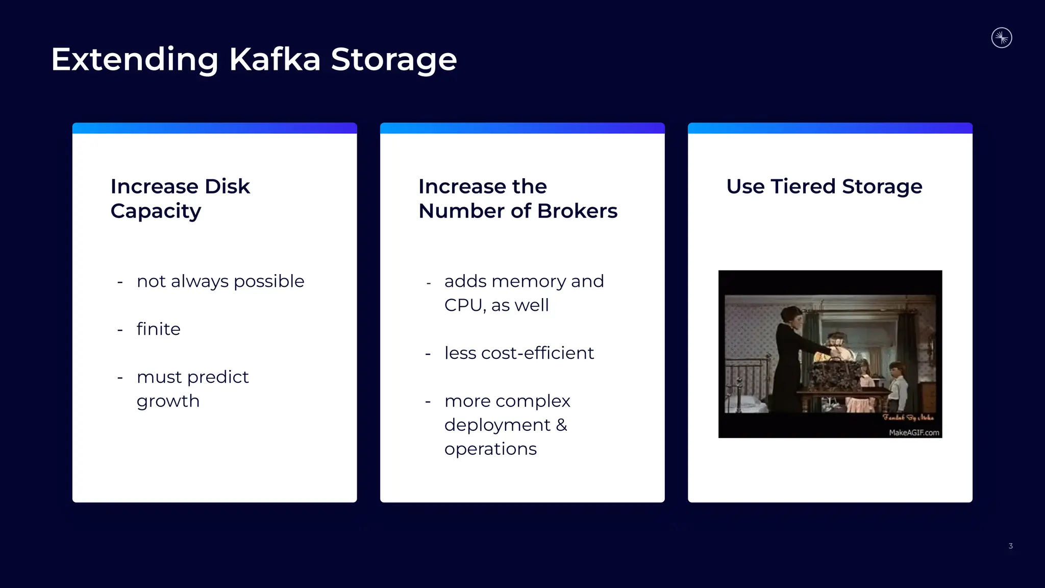 Extending Kafka Storage
3
Increase Disk
Capacity
Increase the
Number of Brokers
Use Tiered Storage
- not always possible
- ﬁnite
- must predict
growth
- adds memory and
CPU, as well
- less cost-efﬁcient
- more complex
deployment &
operations
 
