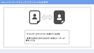 コミュニティマーケティング/マネジメントの必要性
・クリエイターがクリエイターを連れてくる状態
・営業や広告などを打ち出さずに自然とユーザーが
集まってくる
 