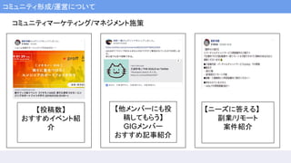 コミュニティ形成/運営について
【投稿数】
おすすめイベント紹
介
【他メンバーにも投
稿してもらう】
GIGメンバー
おすすめ記事紹介
【ニーズに答える】
副業/リモート
案件紹介
コミュニティマーケティング/マネジメント施策
 