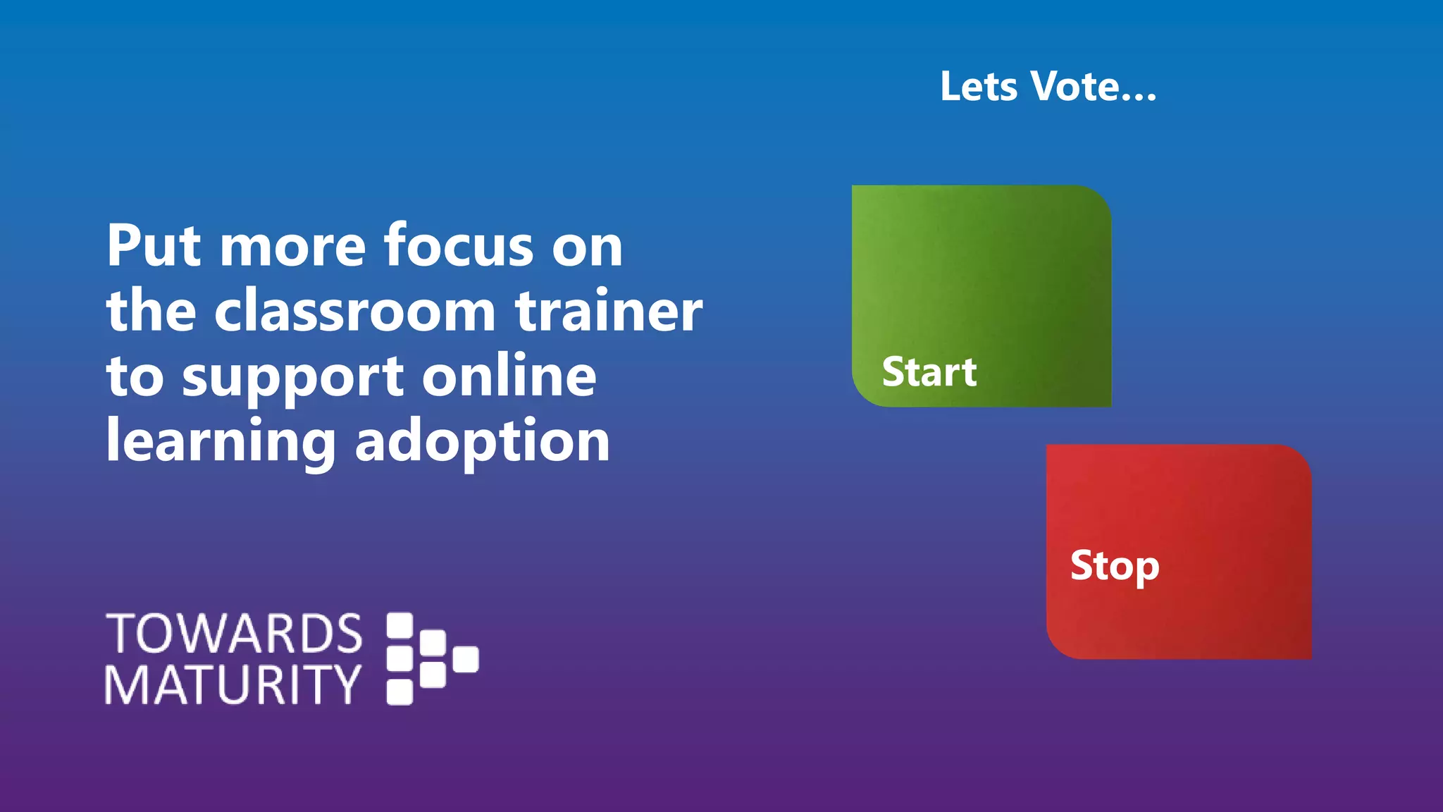 Put more focus on
the classroom trainer
to support online
learning adoption
Lets Vote…
Start
Stop
 