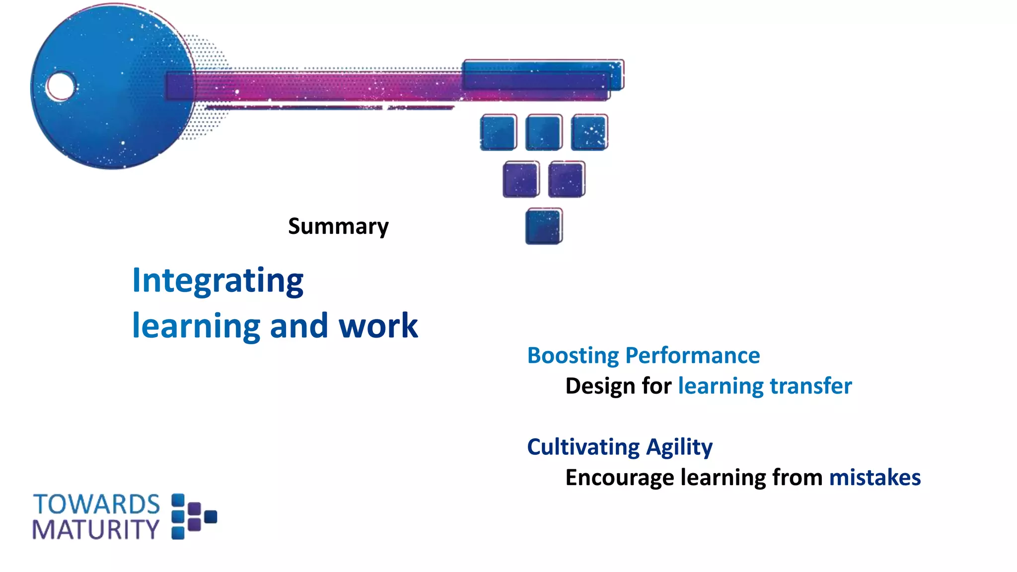 Summary
Boosting Performance
Design for learning transfer
Cultivating Agility
Encourage learning from mistakes
 