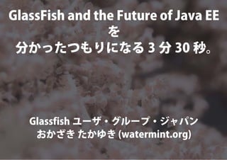 GlassFish and the Future of Java EE
を
分かったつもりになる 3 分 30 秒。
Glassfish ユーザ・グループ・ジャパン
おかざき たかゆき (watermint.org)
 