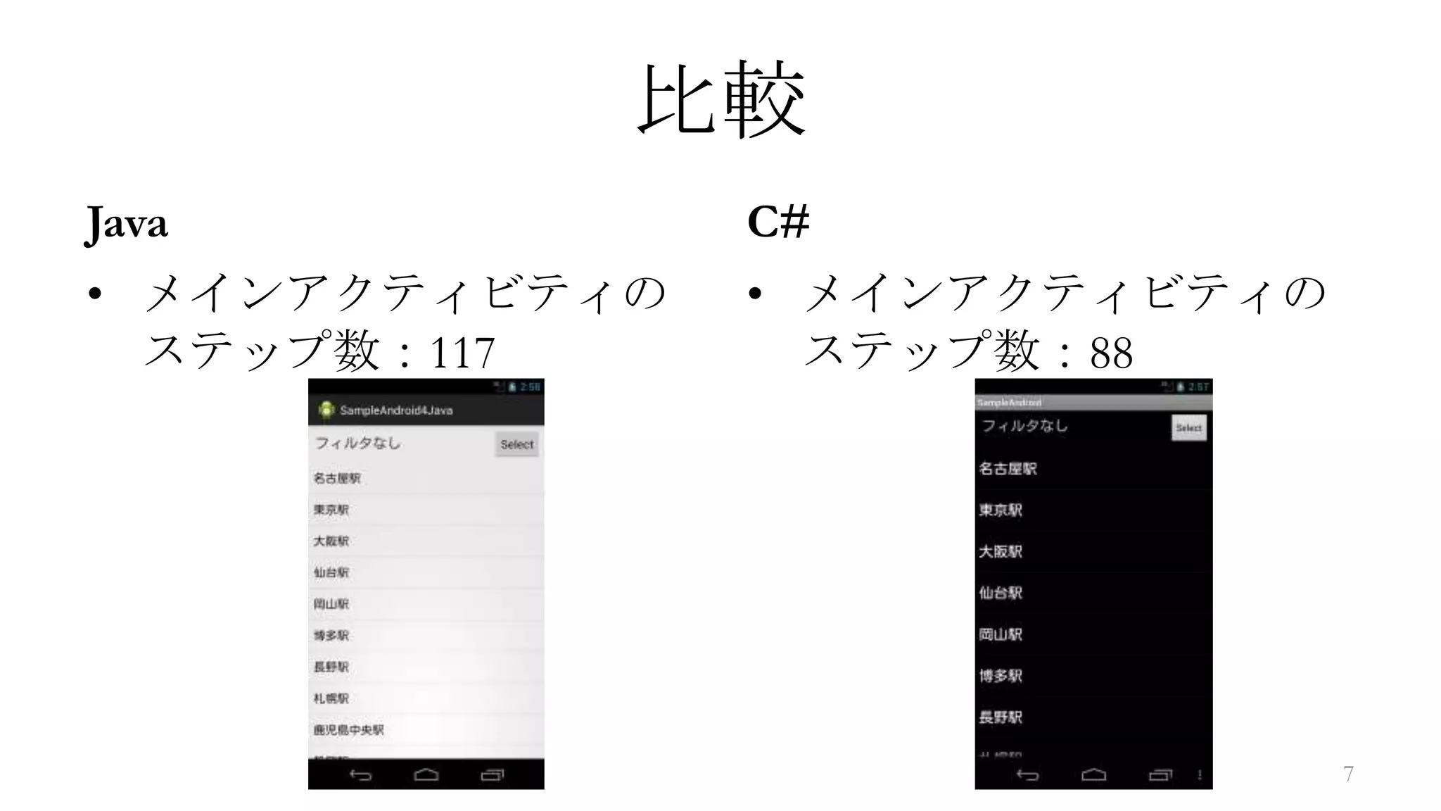 比較
Java            C#
• メインアクティビティの   • メインアクティビティの
  ステップ数：117       ステップ数：88




                                7
 