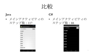 比較
Java            C#
• メインアクティビティの   • メインアクティビティの
  ステップ数：117       ステップ数：88




                                7
 