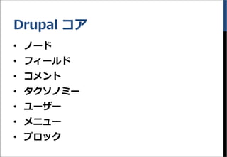 Drupal コア
&bull; ノード
&bull; フィールド
&bull; コメント
&bull; タクソノミー
&bull; ユーザー
&bull; メニュー
&bull; ブロック
 