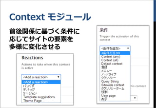 Context モジュール
前後関係に基づく条件に
応じてサイトの要素を
多様に変化させる
 