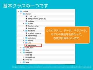 基本クラスの一つです
http://docs.chainer.org/en/latest/reference/core/variable.html#variable
このクラスに、データ、パラメータ、
モデルの構造等を持たせて、
誤差逆伝播を行います。
 