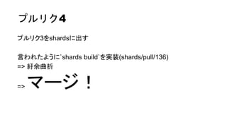 プルリク4
プルリク3をshardsに出す
言われたように`shards build`を実装(shards/pull/136)
=> 紆余曲折
=> マージ！
 