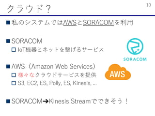 ? ˽ΥƥǤAWSSORACOM
? SORACOM
? IoTCȥͥåȤ򿎤륵`ӥ
? AWSAmazon Web Services
? ʥ饦ɥ`ӥṩ
? S3, EC2, ES, Polly, ES, Kinesis, ...
? SORACOM?Kinesis StreamǤǤ
饦ɣ
10
 