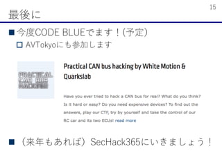 ? CODE BLUEǤޤ(趨
? AVTokyoˤμӤޤ
? ⤢УSecHack365ˤޤ礦

15
 