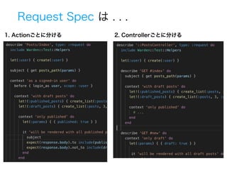 Request Spec  . . .
1. ActionȤ˷֤ 2. ControllerȤ˷֤
 