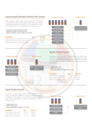 Immunoassay
Routine Chemistry
Acusera Liquid Assayed
Chemistry Premium Plus
Proteins
Therapeutic Drugs
Cardiac Markers
Lipids
Competitor Controls Randox Control
Free Kappa &
Lambda Light Chain
Rheumatoid Factor
Specific Protein Acusera Specific Protein
Control
Competitor Controls Randox Control
Cardiac Markers
Low Level Troponin
D-dimer
Acusera Liquid Cardiac
Control
Competitor Controls Randox Control
With instrument specific target values provided for 100 analytes
including lipids, proteins, immunoassays, cardiac markers, therapeutic
drugs and electrophoresis, laboratories can consolidate from as many
as six different controls to a single third party chemistry control.
• Liquid for ease-of-use and convenience
• High levels of CRP and other proteins
• Open vial stability of up to 7 days at 2o
C to 8o
C
Liquid Assayed Chemistry Premium Plus Control
Description	 Size Cat. No.
Liquid Assayed Chemistry Premium Plus Level 1 12 x 5 ml LAL4213
Liquid Assayed Chemistry Premium Plus Level 2 12 x 5 ml LAN4214	
Liquid Assayed Chemistry Premium Plus Level 3 12 x 5 ml LAE4215
Combining 27 serum proteins including Kappa and Lambda Light
Chains, the Acusera Specific Protein Control may replace up to three
separate competitor controls.Once opened,all parameters are stable
for 30 days helping to reduce waste and costs. Assayed target values
are provided.
• Liquid ready-to-use
• 100% human serum
• Open vial stability of 30 days at 2o
C to 8o
C
Specific Protein Control
Description Size Cat. No.
Specific Protein Control Level 1 3 x 1 ml PS2682
Specific Protein Control Level 2 3 x 1 ml PS2683
Specific Protein Control Level 3 3 x 1 ml PS2684
The Randox Acusera Liquid Cardiac Control combines 8 cardiac
markers including NT-proBNP and D-dimer, ensuring consolidation
and flexibility. The inclusion of TnI and TnT at clinically significant
levels will help laboratories to further consolidate the number of
controls they use.
• Liquid ready-to-use
• 100% human serum
• Open vial stability of 30 days at 2o
C to 8o
C
Liquid Cardiac Control
Description Size Cat. No.
Liquid Cardiac Control Level 1 3 x 3 ml CQ5051
Liquid Cardiac Control Level 2 3 x 3 ml CQ5052
Liquid Cardiac Control Level 3 3 x 3 ml CQ5053
 