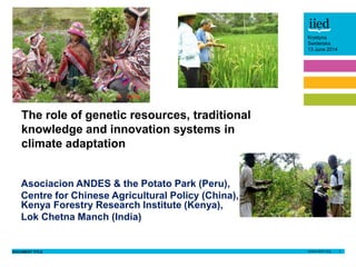 DOCUMENT TITLE 1
Krystyna
Swiderska
13th June 2014
Author name
Date
Krystyna
Swiderska
13 June 2014
Asociacion ANDES & the Potato Park (Peru),
Centre for Chinese Agricultural Policy (China),
Kenya Forestry Research Institute (Kenya),
Lok Chetna Manch (India)
The role of genetic resources, traditional
knowledge and innovation systems in
climate adaptation
 