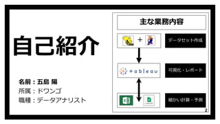 自己紹介
名前：五島 陽
所属：ドワンゴ
職種：データアナリスト
2
+ データセット作成
可視化・レポート
細かい計算・予測
主な業務内容
 