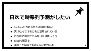 日次で時系列予測がしたい
▪ Tableauにも時系列予測機能はある
▪ 実は社内ではそこそこ活用されている
▪ 月次は納得感があるが日次は難しそう
▪ Excelで頑張る
▪ 頑張った結果をTableauに取り込む 5
 