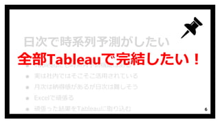 日次で時系列予測がしたい
▪ Tableauにも時系列予測機能はある
▪ 実は社内ではそこそこ活用されている
▪ 月次は納得感があるが日次は難しそう
▪ Excelで頑張る
▪ 頑張った結果をTableauに取り込む 6
全部Tableauで完結したい！
 