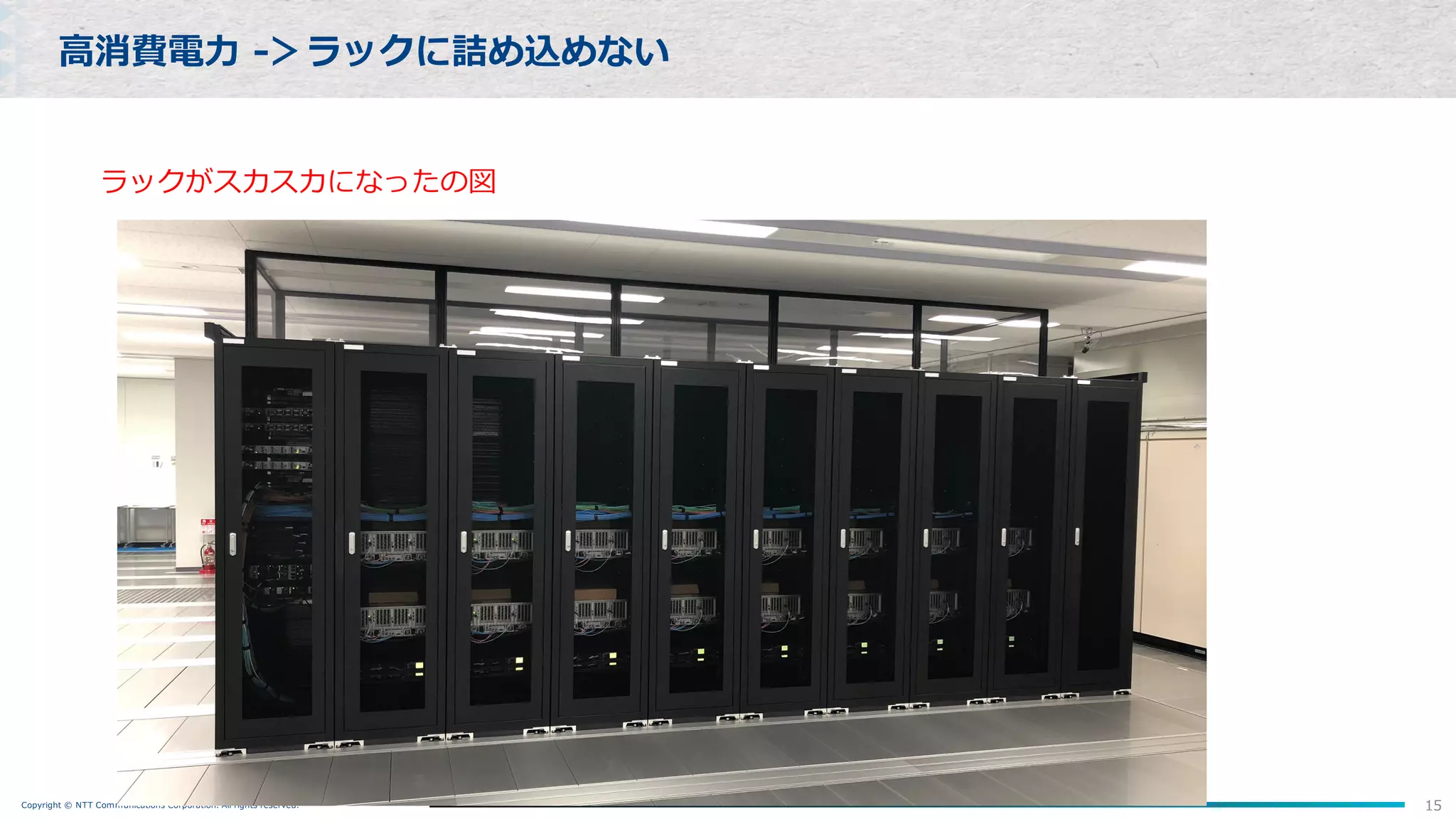 Copyright © NTT Communications Corporation. All rights reserved. 15
⾼消費電⼒ -＞ラックに詰め込めない
ラックがスカスカになったの図
 
