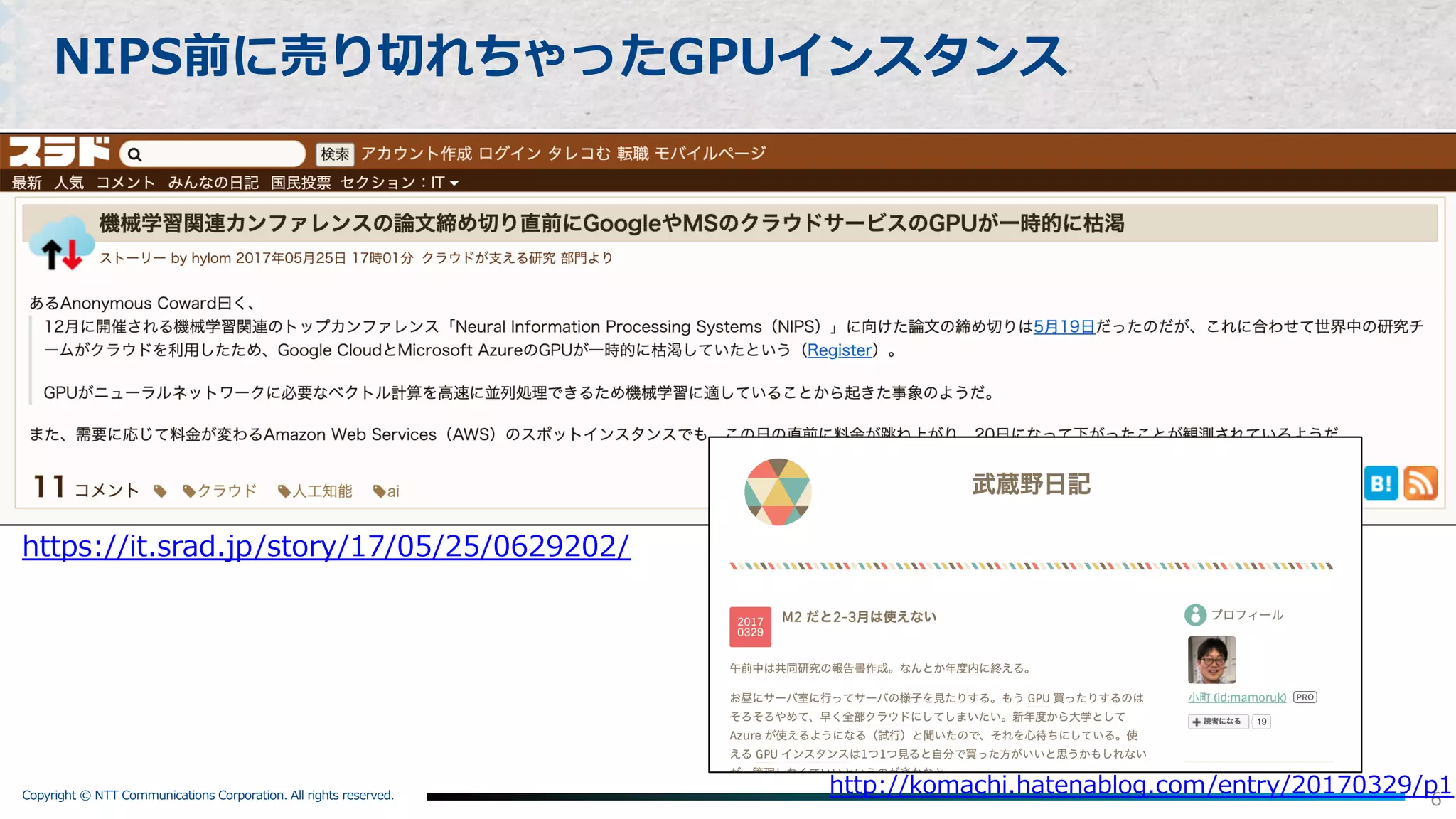 Copyright © NTT Communications Corporation. All rights reserved.
6
NIPS前に売り切れちゃったGPUインスタンス
http://komachi.hatenablog.com/entry/20170329/p1
https://it.srad.jp/story/17/05/25/0629202/
 