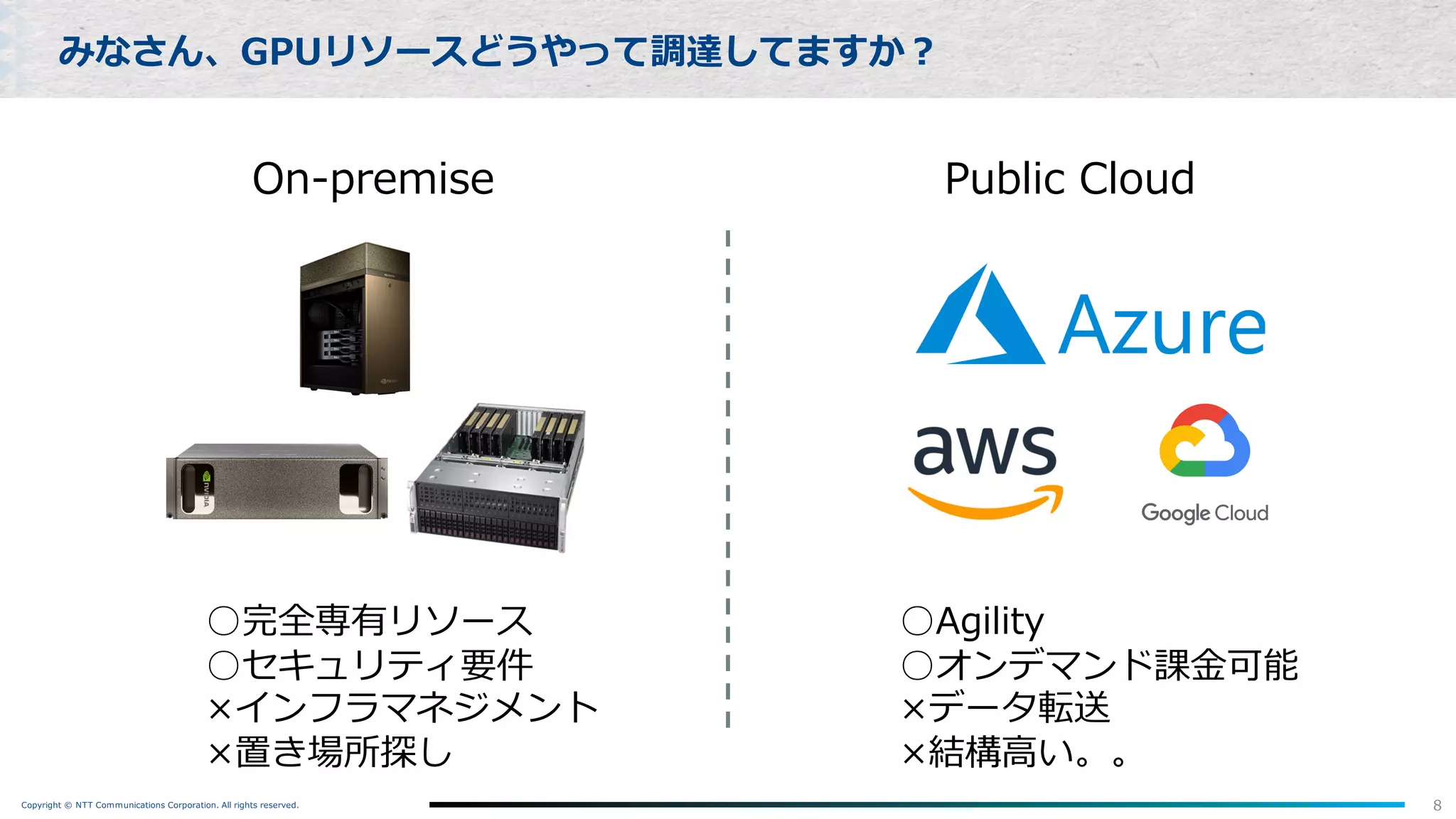 Copyright © NTT Communications Corporation. All rights reserved. 8
みなさん、GPUリソースどうやって調達してますか︖
On-premise Public Cloud
○完全専有リソース
○セキュリティ要件
×インフラマネジメント
×置き場所探し
○Agility
○オンデマンド課⾦可能
×データ転送
×結構⾼い。。
 