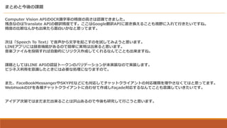 ޤȤȽn}
Computer Vision APIOCRRʤξȤθߤJRǤޤ
ʤΤTranslate APIηUȤǤGoogleUAPIäQ뤳ȤҕҰФǤ͡
Ȥα^ʤ󤫤פʤ˼äƤޤ
ΤϡSpeech To Text֤𤳤ΤԇƤߤ褦˼ޤ
LINEץˤhCܤΤǺgˌgFϳ˼ޤ
SեͶ夹ԄӵĤ˥ꥯɤƤʤƤȤޤ͡
n}ȤƤLINE APIJ^ȩ`ΥХǩ`δgװʤΤǌgװޤ
ӥͥäRȤˤϱҪʄIˤʤޤΤǡ
ޤFaceBookMessangerSKYPEʤɤˤ⌝ꤷƥåȥ饤ȤΌN򉈤䤵ʤƤϤ˼äƤޤ
WebHookIFNåȥ饤Ȥ˺Ϥ碌ɤFa?adeꤹʤƤȤRƤǤ
ǥεڤǤϤޤޤ뤳ȤϛgɽΤǽоФ˼ޤ
 