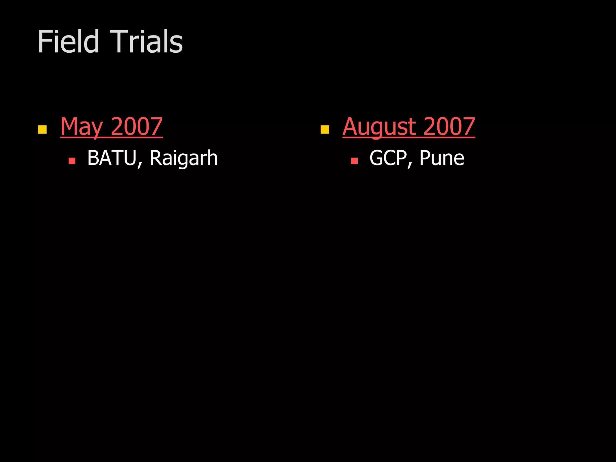 Field Trials

   May 2007               August 2007
       BATU, Raigarh          GCP, Pune
 