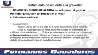 1) DENGUE SIN SIGNOS DE ALARMA, se incluyen en el grupo A.
Pacientes que pueden ser tratados en el hogar.
c. Indicaciones médicas:
• 3. Acetaminofén:
Adultos: 500 mg por vía oral cada 4 a 6 horas, dosis máxima diaria 4 gramos.
Niños: 10 mg/kg/dosis cada 6 horas, escribir la cantidad en cucharaditas de 5
mililitros o número de tabletas: __. (Colocar en este espacio, la cantidad que corresponde).
d. Recomendaciones: buscar y eliminar los criaderos de zancudos en la casa y sus
alrededores. Uso de mosquiteros todo el día en pacientes enfermos. Siempre debe ser
vigilado por un adulto entrenado en cuidados de dengue
Tratamiento de acuerdo a la gravedad
 