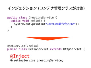 󥸥 (ƥʹ饹)

public class GreetingService {
  public void hello() {
    System.out.println(JavaOne2012);
  }
}




@WebServlet(/hello)
public class HelloServlet extends HttpServlet {

  @Inject
  GreetingService greetingService;
 
